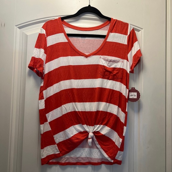 NWT So Women’s Striped V-Neck Tie-Front Relaxed Pocket Tee Top Size XS Red White - Picture 1 of 7